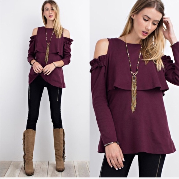 Glamvault Sweaters - ONE LEFT! Ruffle Cold Shoulder Sweater